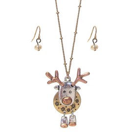 Fashion Jewelry ~ Christmas Theme Tri-tone Rudolf the Reindeer Pendant Necklace and Earrings Set for Women Casua (12-6282BTRI)
