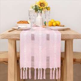 MLMW Pink Farmhouse Coffee Linen Table Runner 48 Inches Long Rustic Small Dining Table Centerpiece Decor Boho Dresser Runners for Spring Living Room Bedroom Kitchen