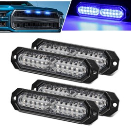 OPP ULITE 4Pcs 12 LEDs Emergency Strobe Lights Blue Hazard Beacon Warning Signal Lights 23 Flashing Mode Super Bright Flashing Work Light Bar for Car Vehicle SUV Truck Trailer Boat Van 12V 24V (02-B)