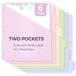 SKYDUE Binder Dividers with Tabs and Pockets, Long-Lasting Plastic 6 Tab Dividers for 3 Ring Binder, Tear-Resistant Plastic Binder Tabs Dividers for School, Office, Home