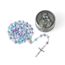 WHLHMK Rosary Beads Catholic for Women With Rosary Box, Blue Crystal Beads Rosary Necklace with Last Supper Vintage Jewelry Box, Anglican Prayer Beads Christian Gifts for Women Catholic Gifts…, Zinc,