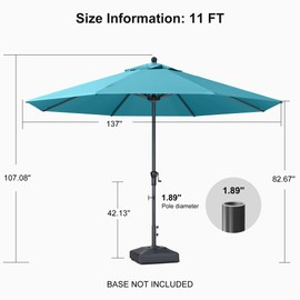 PURPLE LEAF 11' Round Patio Umbrella Outdoor Table Umbrella Aluminum Frame Market Umbrella Sun Umbrella with 8 Sturdy Ribs for Garden Deck Lawn Pool Turquoise Blue