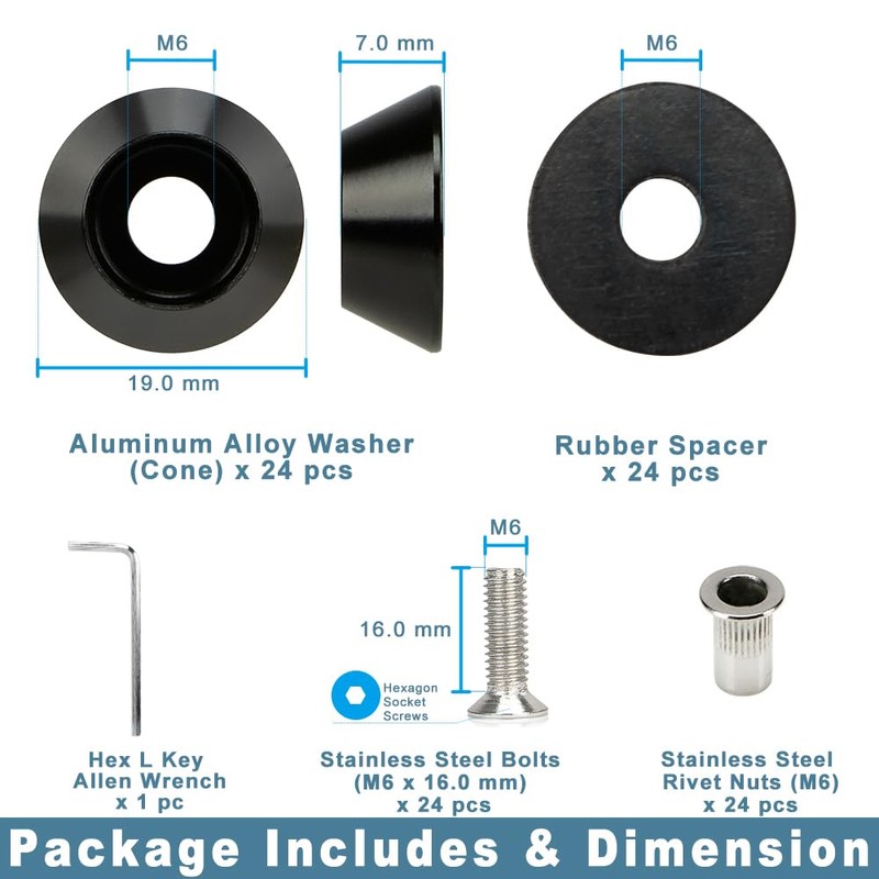 Rolling Gears 24-Piece M6 x 19mm OD Cone Style Aluminum