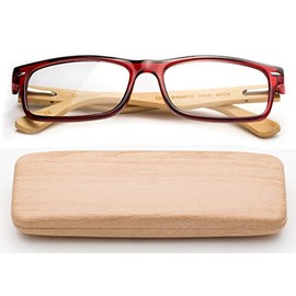 Real Bamboo Reading Glasses Spring Hinge Genuine Bamboo Rectangular Reader w/Case