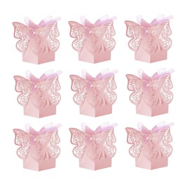 JANOU 24pcs Butterfly Candy Boxes Laser Cut DIY Paper Box with Ribbons for Wedding Bridal Birthday Baby Shower Party Suppliers (Pink)