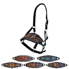 Majestic Ally Equestrian Designer Bronc Halter for Horses, Hand-Tooled Leather Nose, Padded Nylon Crown and Noseband (Leaves and Flowers, Black, Full)