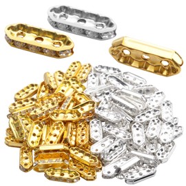 BronaGrand Rhinestone Spacer Beads,100Pcs Crystal Spacer Bars Beads 3 Hole Alloy Spacers Bar Link Connectors for DIY Multi Strand Bracelet Jewelry Making