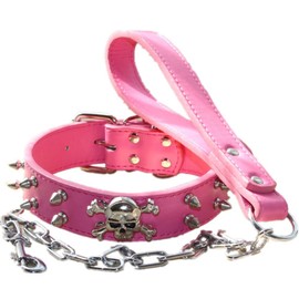 Haoyueer Spiked Studded 1.2" Wide Leather Dog Collar Chain Leash Combo Set for Medium Large Pitbull Husky Mastiff Terrier(Hot Pink,M)
