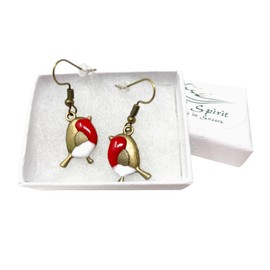 Robin bird dangle earrings hand resin enamelled in gift box. (BronzeRobinFH)