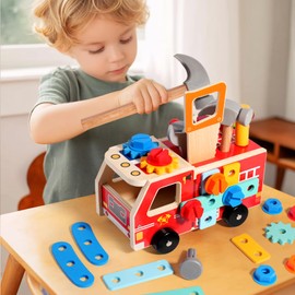 34PCS Kids Wooden Truck Tool Set for Toddlers Age 3 4 5, Pretend Play Construction Toy with Toolbox, Hammer, Saw, Screws, STEM Learning Building Toy Boys Girls with 1 Bag