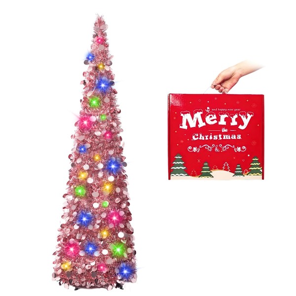 N&T NIETING Christmas Tree, 5ft Collapsible Pop Up Rose Gold Tinsel Christmas Tree Coastal Christmas Tree for Holiday Xmas Decorations, Home Display, Office Decor