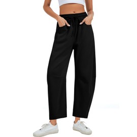 Kissonic Womens Barrel Leg Sweatpants Elastic Waist Drawstring Wide Leg Pants Baggy Lounge Pants with Pockets(Black-M)