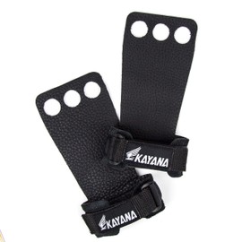 KAYANA 3 Hole Leather Gymnastics Hand Grips - Palm Protection and Wrist Support for Cross Training, Kettlebells, Pull ups, Weightlifting, Chin ups, Workout, Exercise (Youth Black, Small)