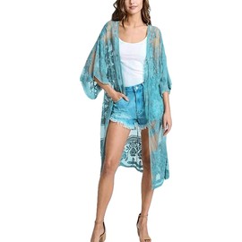 [Bsubseach] レディ メッシュ レース 水着カバーアップ ビーチ カーディガン オープン ブルーグリーン