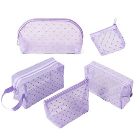 Siomlana Set of 5, Mesh Cosmetic Pouch, Net Bag, Cosmetic Bag, Makeup Pouch, Pen Case, Toiletry Bag, Crowd Love Pattern, Large Capacity, Cute, Lightweight, Cosmetic Pouch, Multifunctional, Cosmetic Storage, Travel, Gift (Purple)