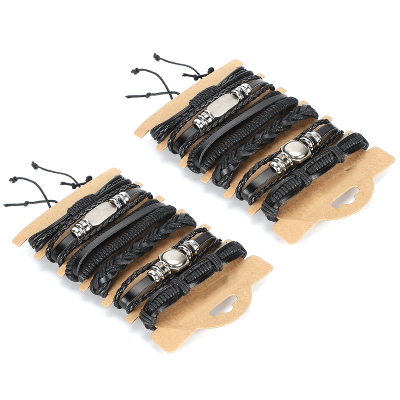 2Sets Adjustable Braided Bracelet Metal Inlaid Wristband Retro Style Cuff