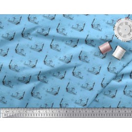 Soimoi Blue Viscose Chiffon Fabric Direction Compass,Lighthouse & Yacht Nautical Print Sewing Fabric BTY 42 Inch Wide