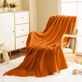 Vessia Flannel Fleece Queen Size Blanket for Bed,Couch,Sofa(90x90inch), 300GSM Microfiber Burnt Orange Striped Bed Blanket for Adults, Super Soft Warm Cozy Lightweight Ribbed Blanket for All-Season