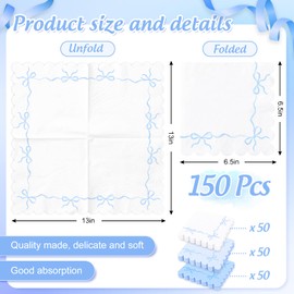 FYSUIMU 150Pcs Blue Bow Napkins Watercolor Bow Disposable Napkins with Scalloped Edge White Blue Paper Luncheon Dinner Napkins for Wedding Birthday Party Table Supplies