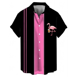 Bowling Shirts for Men Vintage Flamingo Beer Print Short Sleeve Casual Button Down Beach Shirts