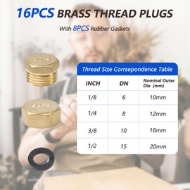 DYMHQ Brass Hexagonal Threaded Plug Set, 1/8 Inch 1/4 Inch 3/8 Inch 1/2 Inch Male and Female 8 Pieces with Rubber Seals and Plumbing Tape Storage Case