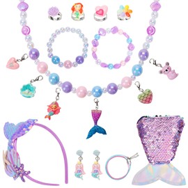 Ezytsyl Toddler Jewelry for Little Girls, Kids Mermaid Play Costume Dress Up Toys Set for Age 3-4-5-6-7-8-9 Year Old, Princess Necklace Headband Bracelet Rings Earrings Purse Charms