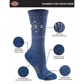 Dickies Women's Dri-tech Moisture Control Crew Socks Multipack, Denim Tribal (6 Pairs), Shoe Size: 6-9