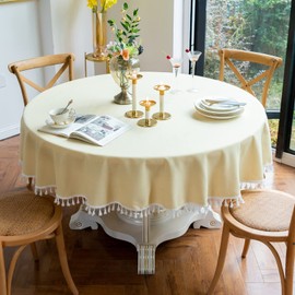 Round Solid Color Tablecloth with Tassels Wrinkle Free Heavy Duty Washable Decorative Table Cover for Dining, Kitchen, Party, Buffet, Wedding, Banquet, Holiday (63 inch, Light Yellow)
