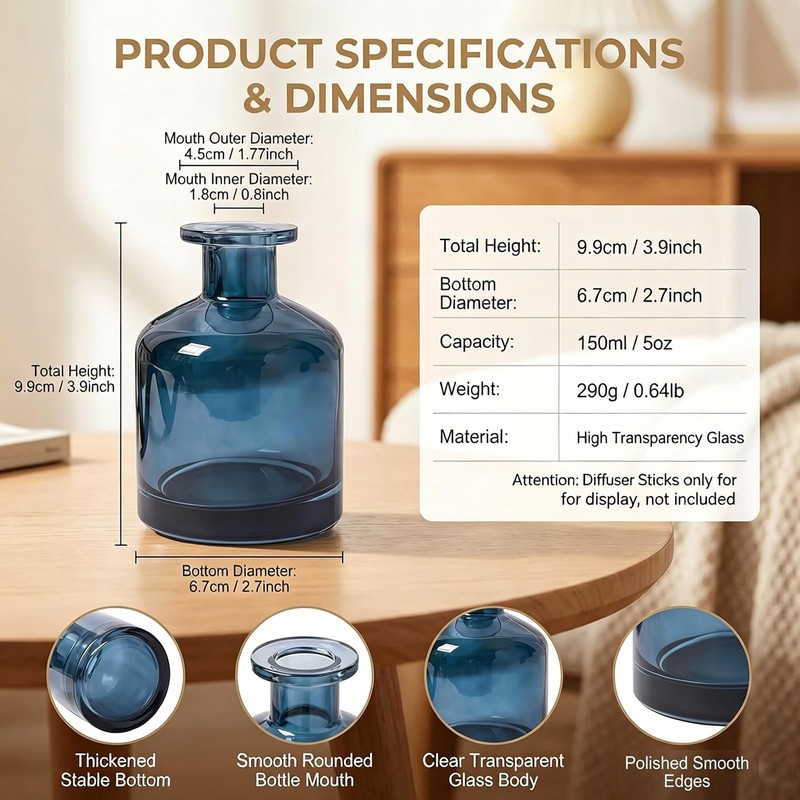 5oz/150ml Empty Glass Reed Diffuser Bottle (Clear Blue)