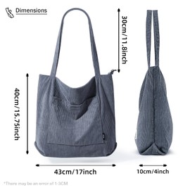 Kalidi Cord Bag, Women's Shoulder Bag with Zip, Waterproof Tote Bag with Pocket Compartment, Large Shopper Bag, Handbag, Shoulder Bags for Work, Office, Travel, Shopping, School, gray