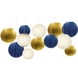 NICROLANDEE Navy Blue Party Decorations - 12PCS Navy Blue Gold Glitter Hanging Paper Lanterns for Wedding, Birthday, Baby Shower, Bridal Shower, Bachelorette, Gender Reveal Party Supplies