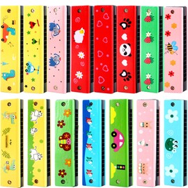 15 Pack Child Wooden Harmonica Cartoon Harmonica Toys for Boys Girls Beginners Party Favors, Random Color Pattern