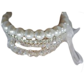 Multi-Strand White Faux Pearl & Rhinestone & Crystal Bracelet with Ribbon - Bridesmaid Jewelry