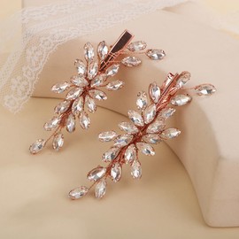 Teyglen Rhinestone Bridal Hair Clips Crystal Wedding Hair Barrette for Women Decorative Hair Accessories Jewelry Sparkly Crystal Hair Piece (Rose gold)