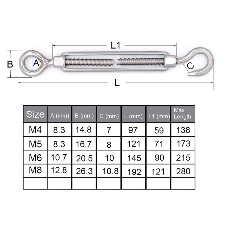 Mecollection M4/M5/M6/M8 304 Stainless Steel Hook and Eye Turnbuckle with