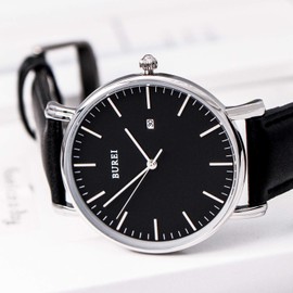 BUREI Stylish Men's Watches Minimalist Ultra Slim Date Large Face Watch with Teacher Strap, Black silver
