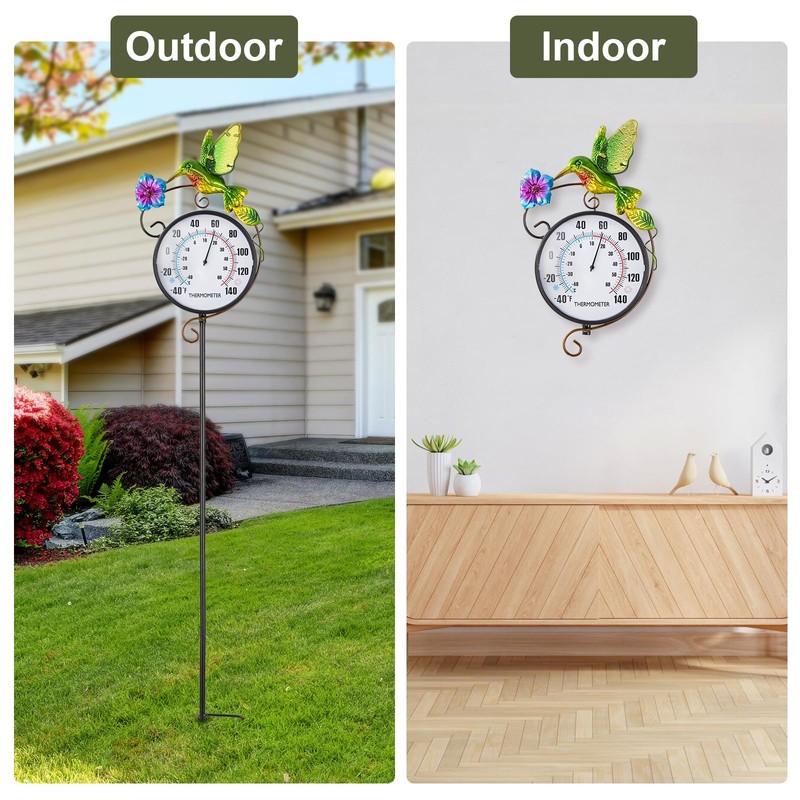 Outdoor Indoor Wall Thermometer with Hummingbird Metal Stake Outside Waterproof
