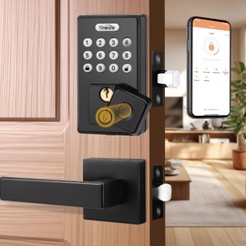 Tinewa 1 Pack Smart Keyless Entry Fingerprint Deadbolt and Handle Set, Electronic Keypad Door Lock with Handle, Remote APP Control Matte Black Lockset for Front Door, Easy Install, Auto Lock