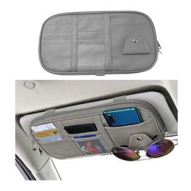Kewucn Car Sun Visor Organizer, Leather Storage Pocket with Multi-Pocket Net Zipper, Visor Sunglass&Card Holder, Universal Interior Accessories Pocket Organizer for License, Pen, Key (Gray)