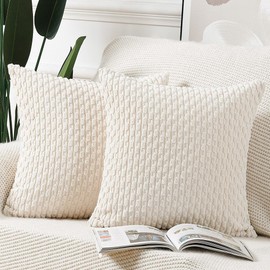 Madizz Set of 2 Soft Corduroy Decorative Pillow Covers Luxury Style Cushion Cases for Bedroom Sofa 60x60cm Cream White
