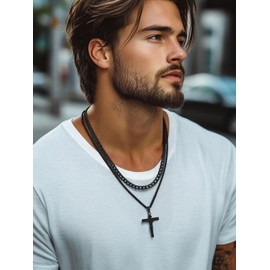 Stainless Steel Cross Necklace Jesus Christ Crucifix Cross Lord's Prayer Pendant for Men Women with 18 Inches Steel Cuban Link Chains