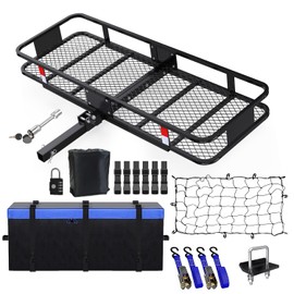 FORWODE 60x24x6 Hitch Cargo Carrier for 2 Inch Receiver, 500LB Capacity Hitch Mount Cargo Rack Carrier, Folding Hitch Cargo Basket (Basket with Bag,Stabilizer, Net, 2 Straps, Lock)