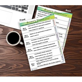 Blue Tree Publishing Brown's Stages of language development. Designed for SLP Speech Language Pathologists. Speech educational chart, processed by age. Laminated 8.26 x11.69 inch