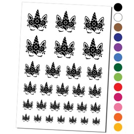 Pretty Sleepy Unicorn Face Temporary Tattoo Water Resistant Fake Body Art Set Collection - Black (One Sheet)