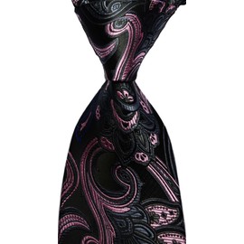 Geotae Zerun New Classic Men's Paisley Silk Tie Necktie, Black/Pink, Classic (57''X3.6''.)