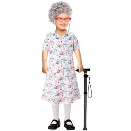 QIKUBI 100 Days of School Costume for Girl Old Lady Costumes for Kids Granny Cosplay Accessories Set (Pink,8-10Y)