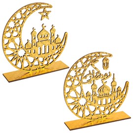 2 Pieces Wood Ramadan Decorations Islamic Eid Mubarak Kareem Table Sign Moon Hollow Star Ornament for Muslim Party Tabletop Decor Home Art Craft Decoration Golden Moon
