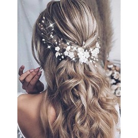 Evlry Hochzeit Blume Haar Rebe Silber Perle Braut Haarranken Blatt Kopfschmuck Braut Haarschmuck für Frauen