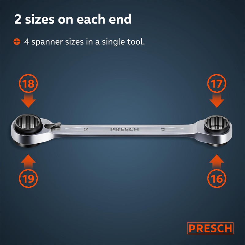 PRESCH Double Ratchet Spanner 4-in-1 (16mm/17mm & 18mm/19mm) - Reversible