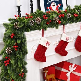 Christmas Garland, 6Ft Christmas Pine Garland for Mantel, Greenery Christmas Garland Decor with Pine Cones, Red Berry, Pine Needles, Norfolk Pine Garland Christmas Decorations for Table Fireplace